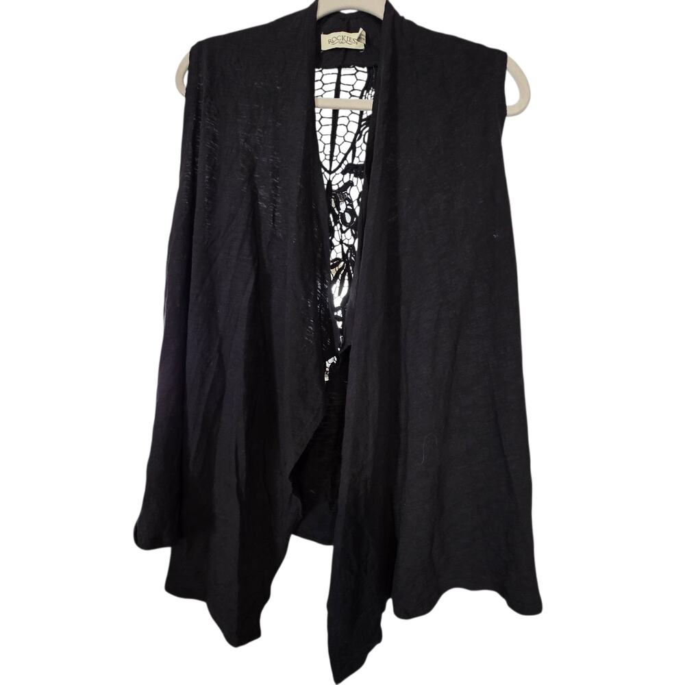Vintage Rockies Boho Crochet Lace Back Cardigan Vest Black Size L